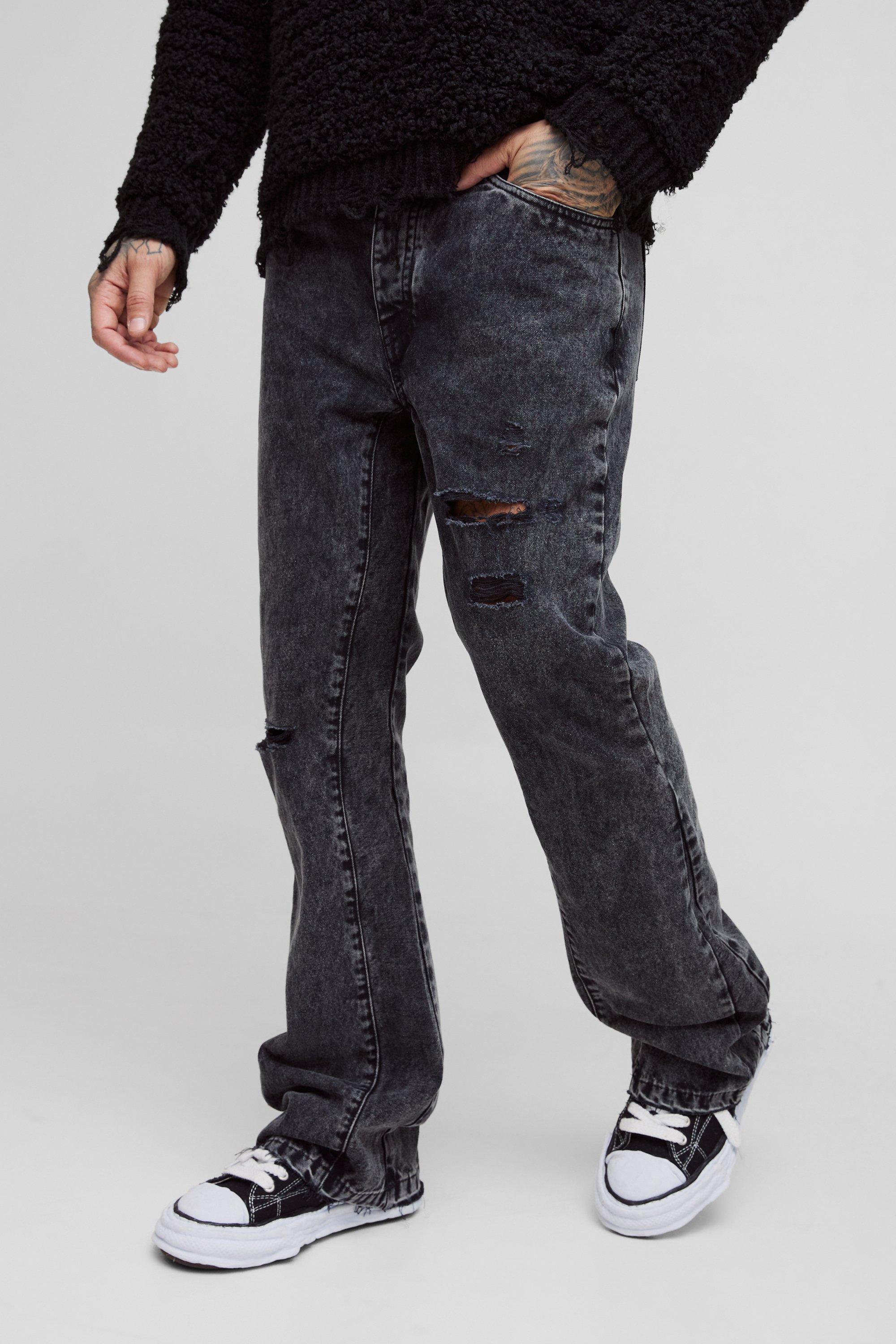 Mens Black Tall Slim Rigid Flare Distressed Gusset Panel Acid Washed Jeans, Black